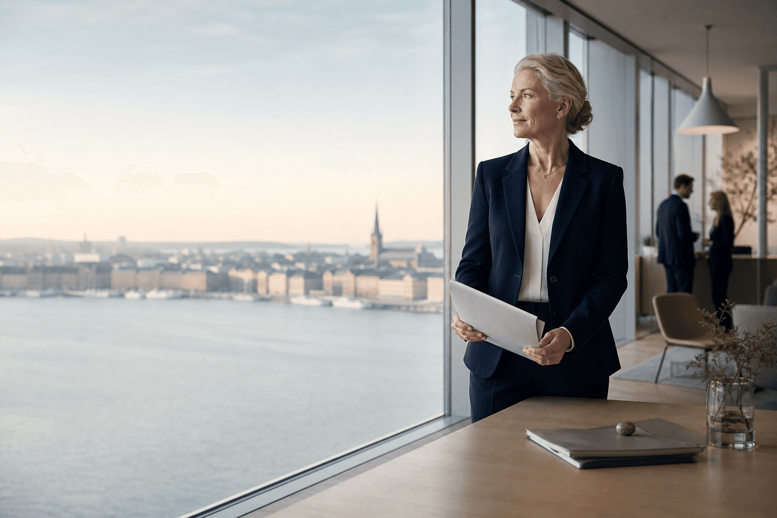 Insurance broker reviewing policy work in a Stockholm office